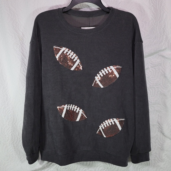 Sweaters - Women 's Oversized Sequin Football Sweatshirt Game Day Long Sleeve M , Graphite